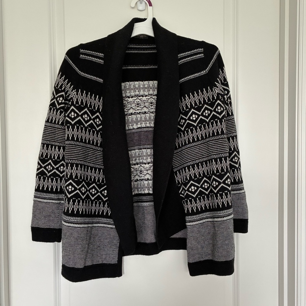 Talbots Petite Black and White Wool Blend Nordic Cardigan Sweater